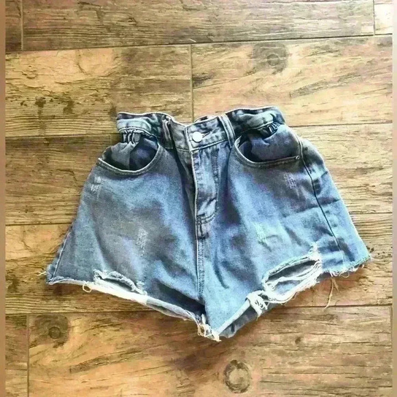 VEVERET DENIM HIGH WAISTED SHORT SHORTS PAPERBAG STYLE WAIST JUNIORS LARGE - Picture 2 of 4